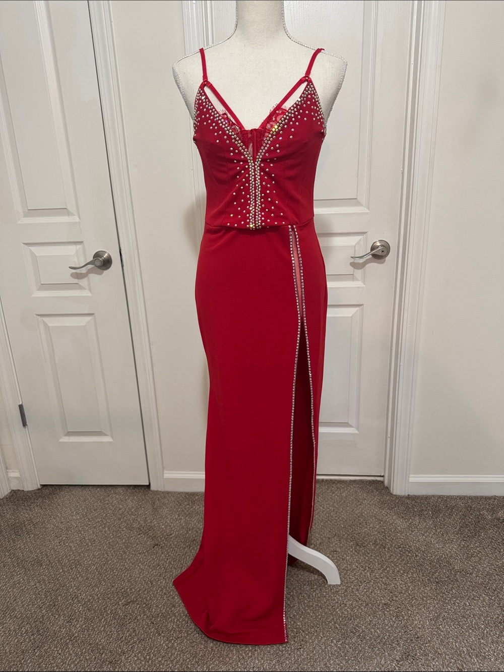 Red Crystal-Embellished Spaghetti-Strap Prom Gown